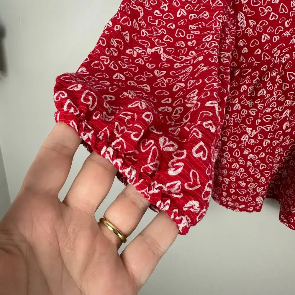 Loft Cotton Blend Heart Allover Print Peplum Blouse Balloon sleeve Size 6